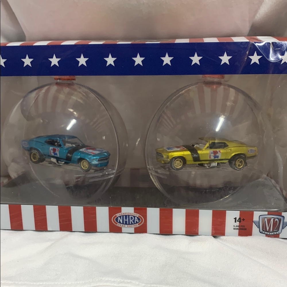NHRA Christmas Ornaments Car Set - Blue and Yellow Ford Mustang M2 Machines